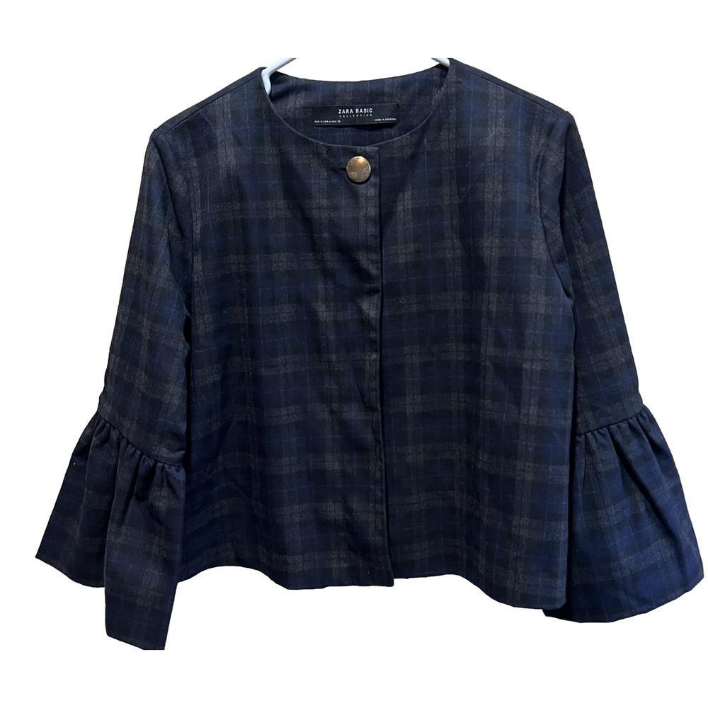 ZARA BASIC Womens Jacket Blazer Size Medium Gray Black Blue Plaid Bell Sleeve